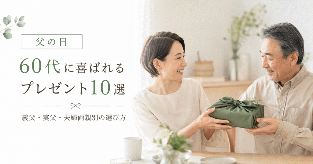 60代の父に贈る父の日プレゼントを並べた写真（グルメ・お酒・実用品の3ジャンル）